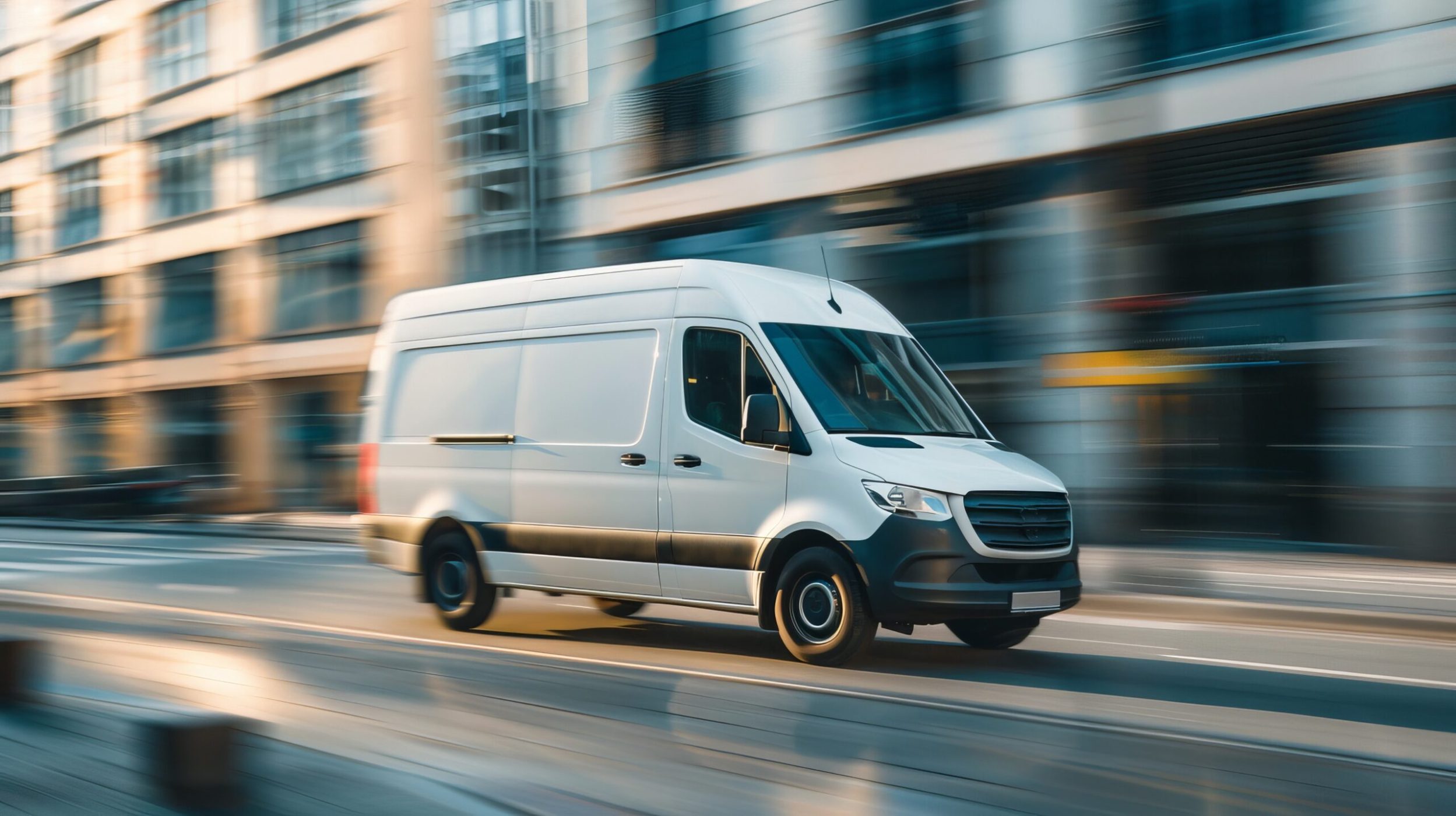 White van speeding through a city street, showcasing urban logistics and transportation in action. Perfect for illustrating modern delivery services and efficiency in a bustling city environment. AI